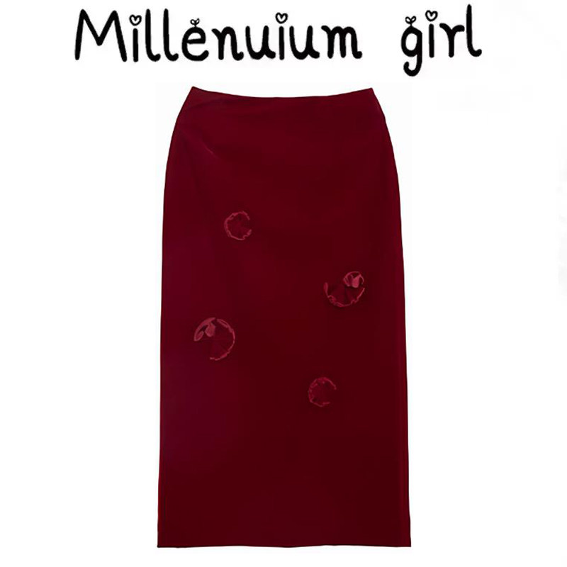 红色立体花朵半身裙女秋冬款法式优雅复古高腰显瘦a字金丝绒长裙,女装/女士精品,半身裙,淘宝优惠券,粉丝福利购,淘宝优惠卷