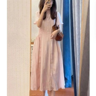 夏天巨好看小个子法式小资通勤气质小香风收腰粉色短袖连衣裙子女