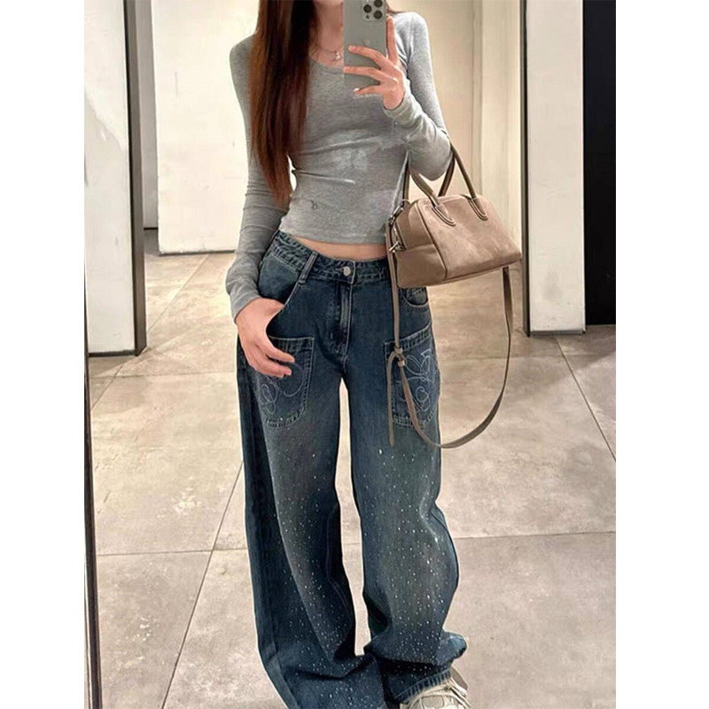 美式复古辣妹烫钻牛仔裤秋季宽松