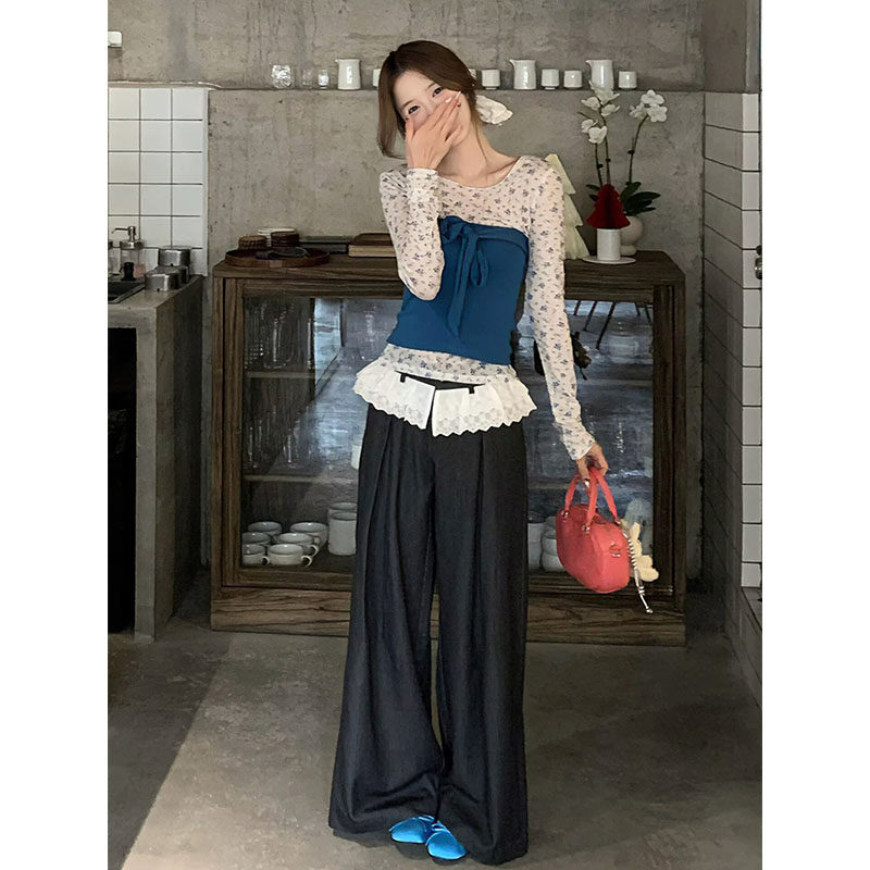 夏季蕾丝花边高腰显瘦阔腿裤女