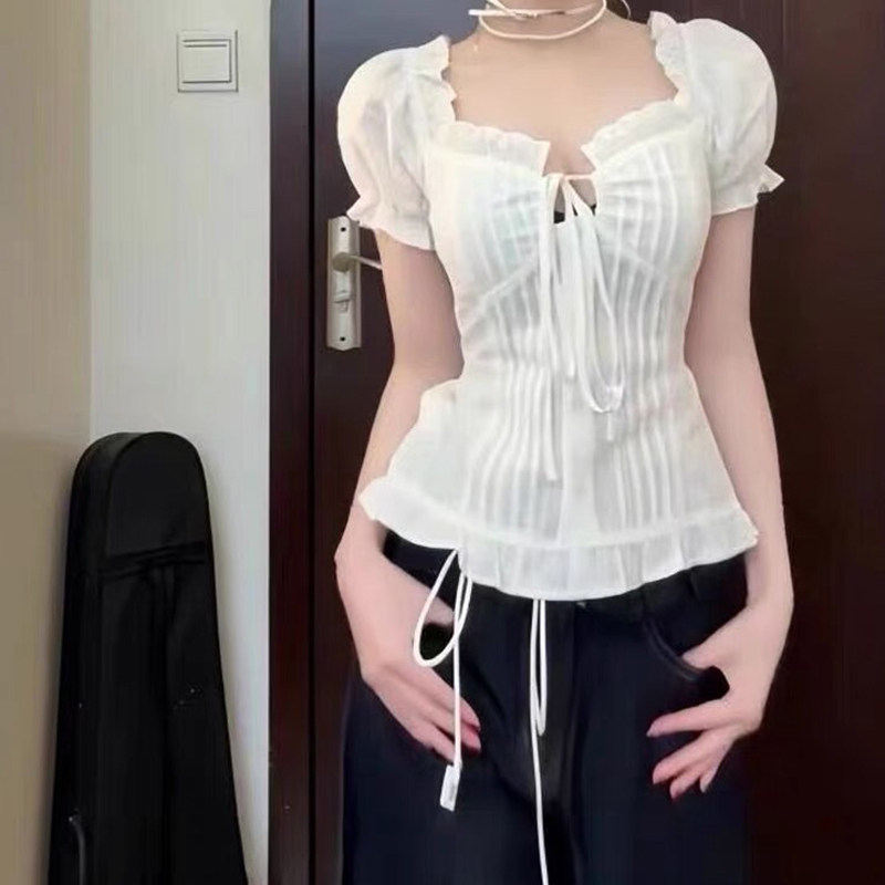 修身纯欲辣妹开衫短袖绝美泡泡袖