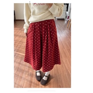 [波点伞裙] 古着感微松紧红色呢子波点褶感中长裙半身裙春秋冬季