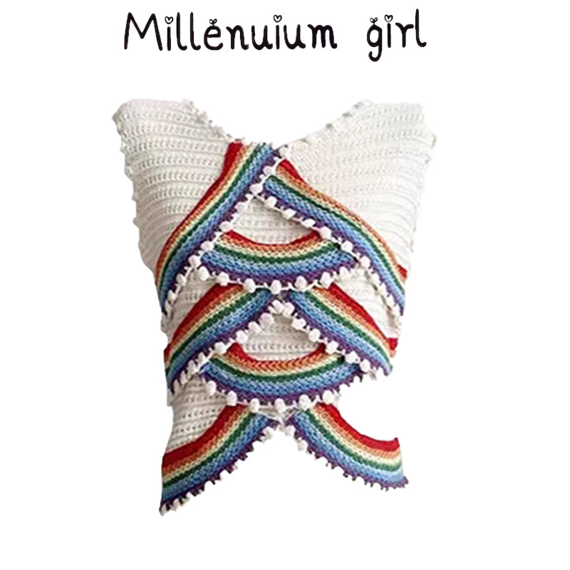 乔欣明星同款彩虹条纹针织衫手工球球甜美无袖圆领马甲背心上衣女