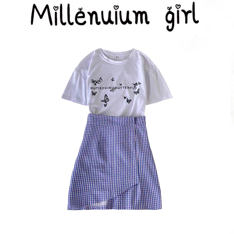 夏装2025新款韩版时尚套装女洋气白色短袖T恤+不规则半身裙两件套