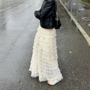 时尚 高腰显瘦网纱蛋糕半身裙甜美少女2025春夏季 气质百搭大摆半裙