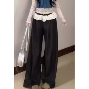 2026夏季 高级感灰色阔腿裤 女韩系蕾丝边拼接休闲垂坠感直筒裤 新款