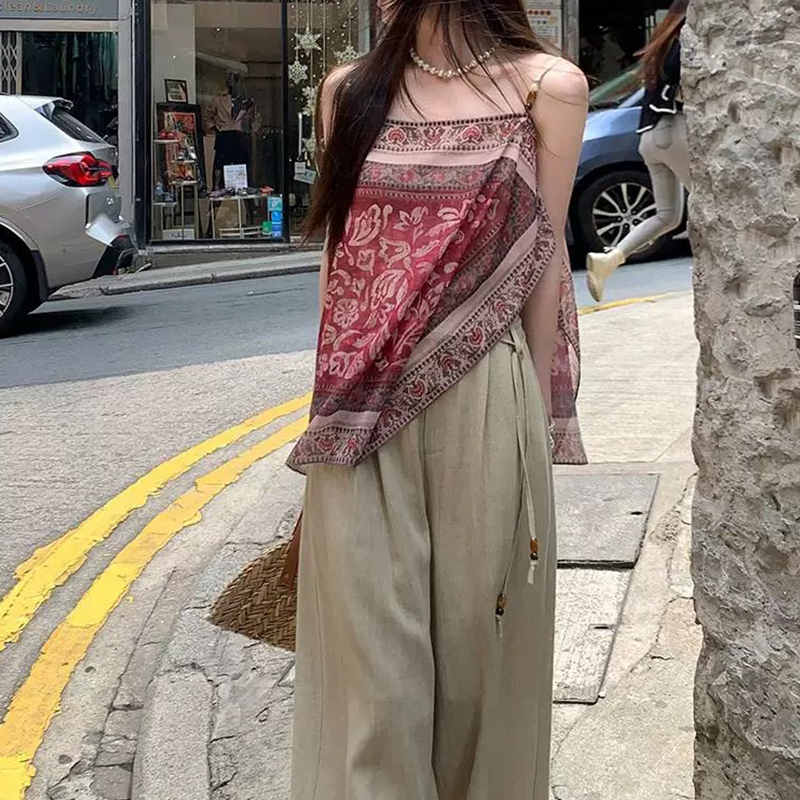 海边度假风复古印花吊带背心女夏装设计感两面穿开叉无袖外穿上衣