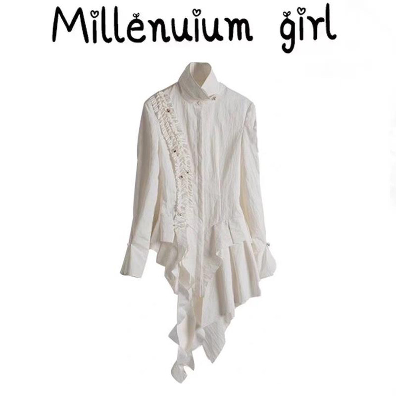 荷叶边长袖白色衬衫女秋冬新款设计感不对称收腰显瘦气质休闲上衣,女装/女士精品,衬衫,淘宝优惠券,粉丝福利购,淘宝优惠卷