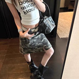 偏爱迷彩复古a字口袋工装短裙女小个子开叉包臀低腰半身裙韩版潮