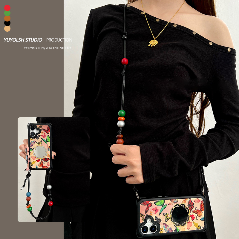 满屏蝴蝶镜面手机壳斜挎手提挂绳