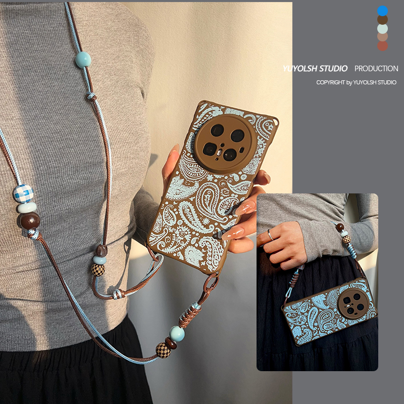 蓝腰果花手机壳斜挎手提挂绳