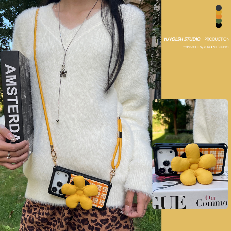 橙棕格纹磁吸支架手机壳斜挎挂绳