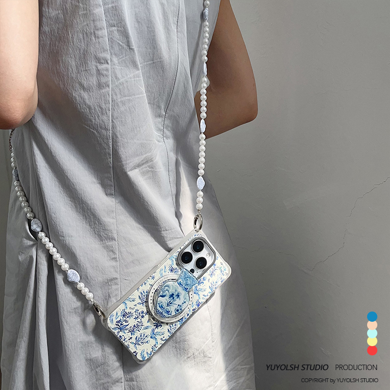 青花瓷花适用苹果手机壳斜挎挂链