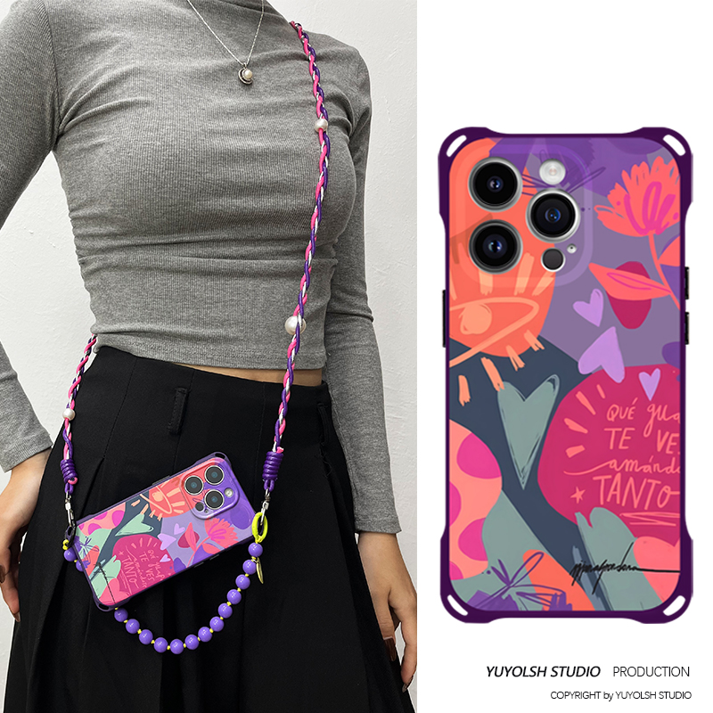 油画爱心花朵手机壳斜挎可背手提