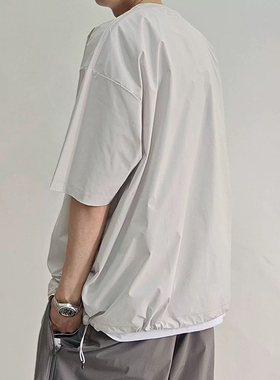 beams effect夏季日系户外机能抽绳短袖T恤男女宽松百搭打底上衣