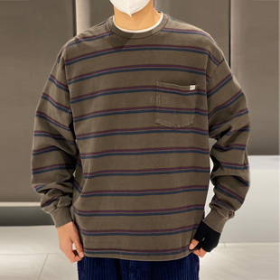上衣 T恤男纯棉潮流打底衫 春秋季 nautica日系复古条纹圆领长袖