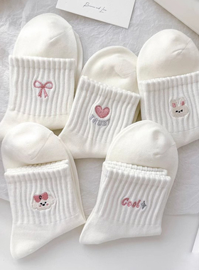 白色袜子女中筒袜秋冬款可爱蝴蝶结短袜韩系粉色卡通堆堆袜冬天