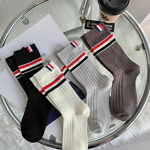 布标条纹中筒袜子女ins潮堆堆袜