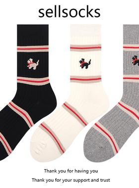 白色条纹小狗袜子女中筒袜2026新款爆款可爱AB卡通小狗袜子女长袜