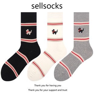 白色条纹小狗袜子女中筒袜2026新款爆款可爱AB卡通小狗袜子女长袜