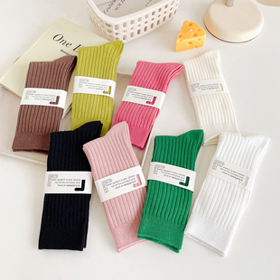 彩色袜子女中筒袜ins潮纯棉网红超火竖条纹堆堆袜春秋款 纯色袜