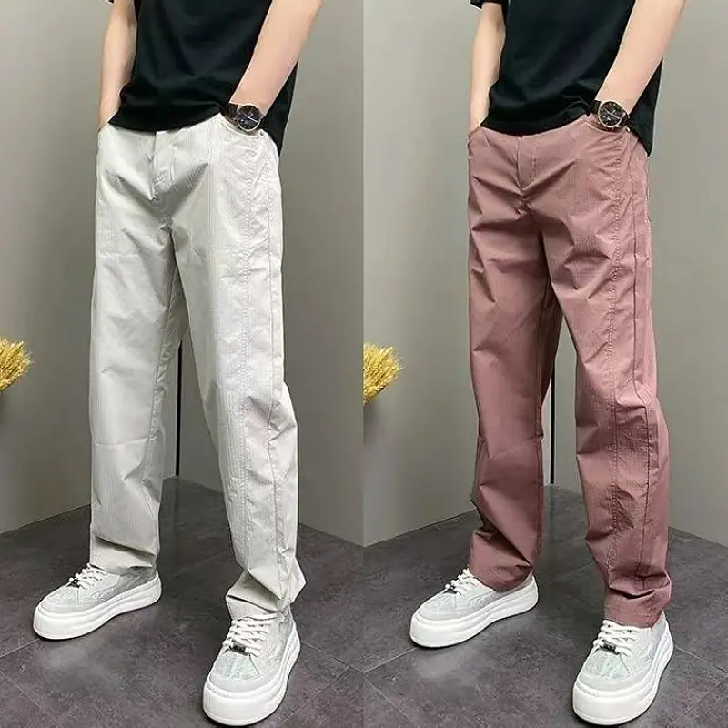 雪溪臻品男裤高端男士休闲裤夏季薄款粉色男裤直筒阔腿哈伦长裤子