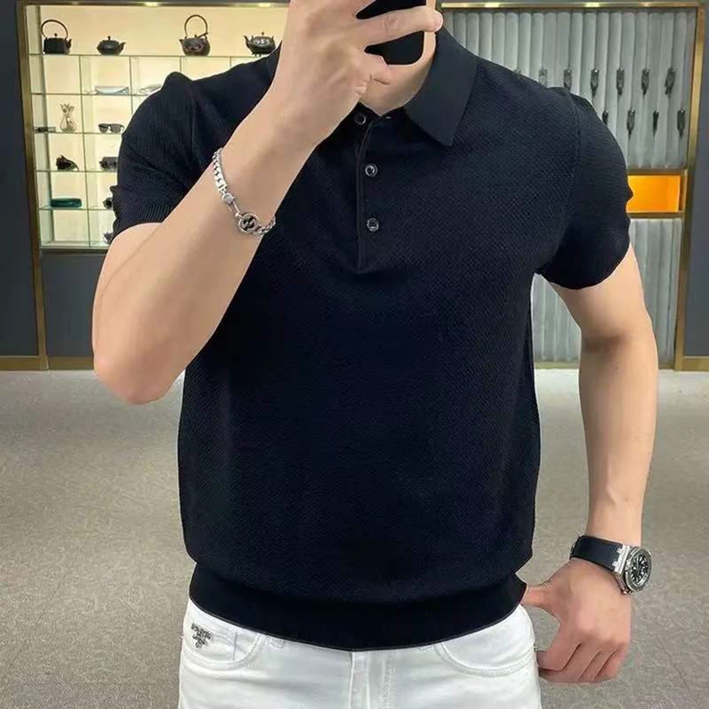 维乾男装2026夏季新款男士个性菠萝纹针织短袖纯色半袖翻领polo衫