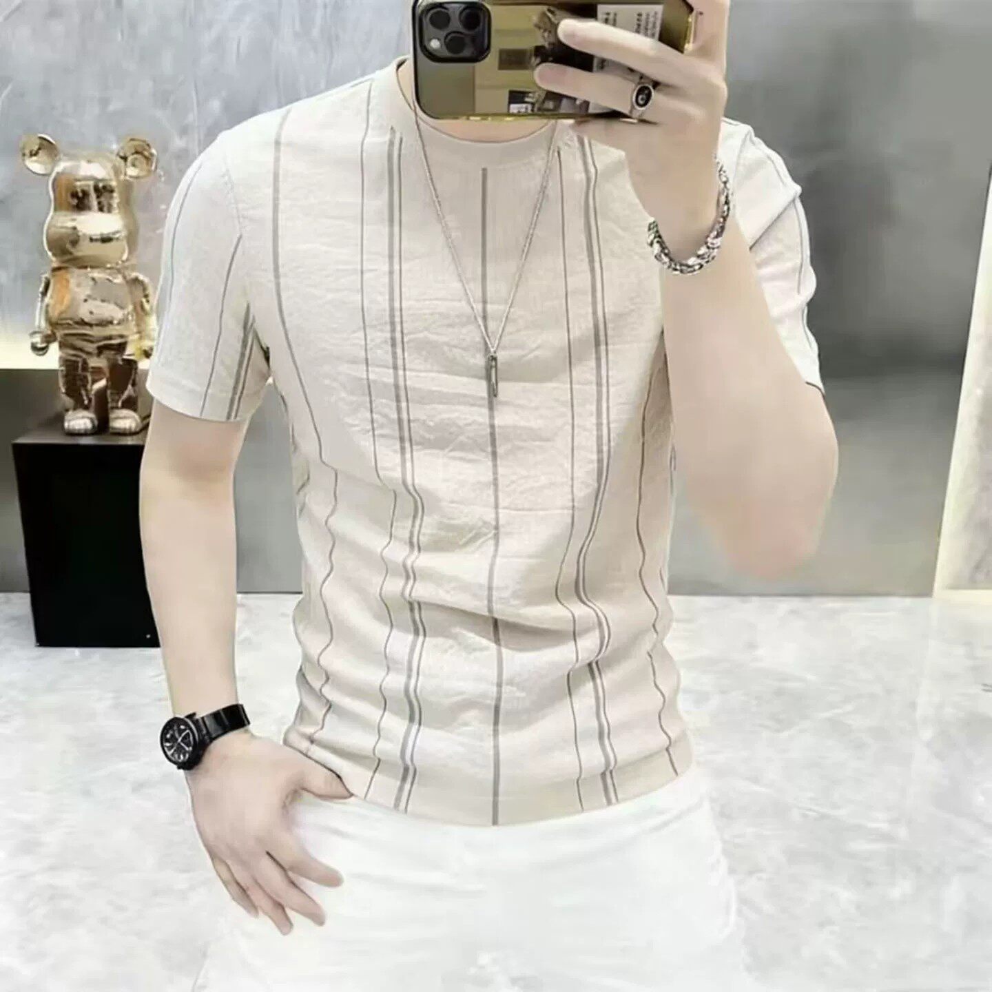 铂瑾男装夏季新款竖条纹短袖T恤男士修身弹力圆领时尚半袖上衣潮