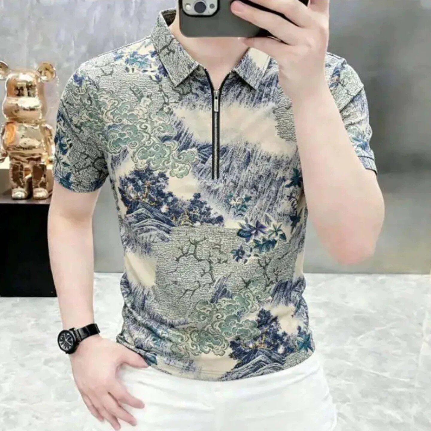雪溪男装轻奢品质2026夏季新款男士冰丝短袖时尚印花水墨画polo衫