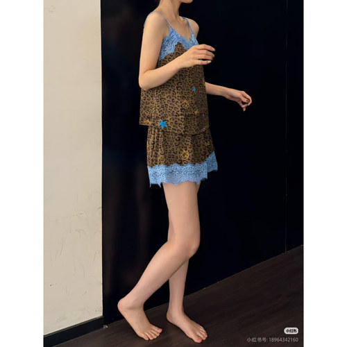 韩系豹纹蕾丝拼接家居服套装