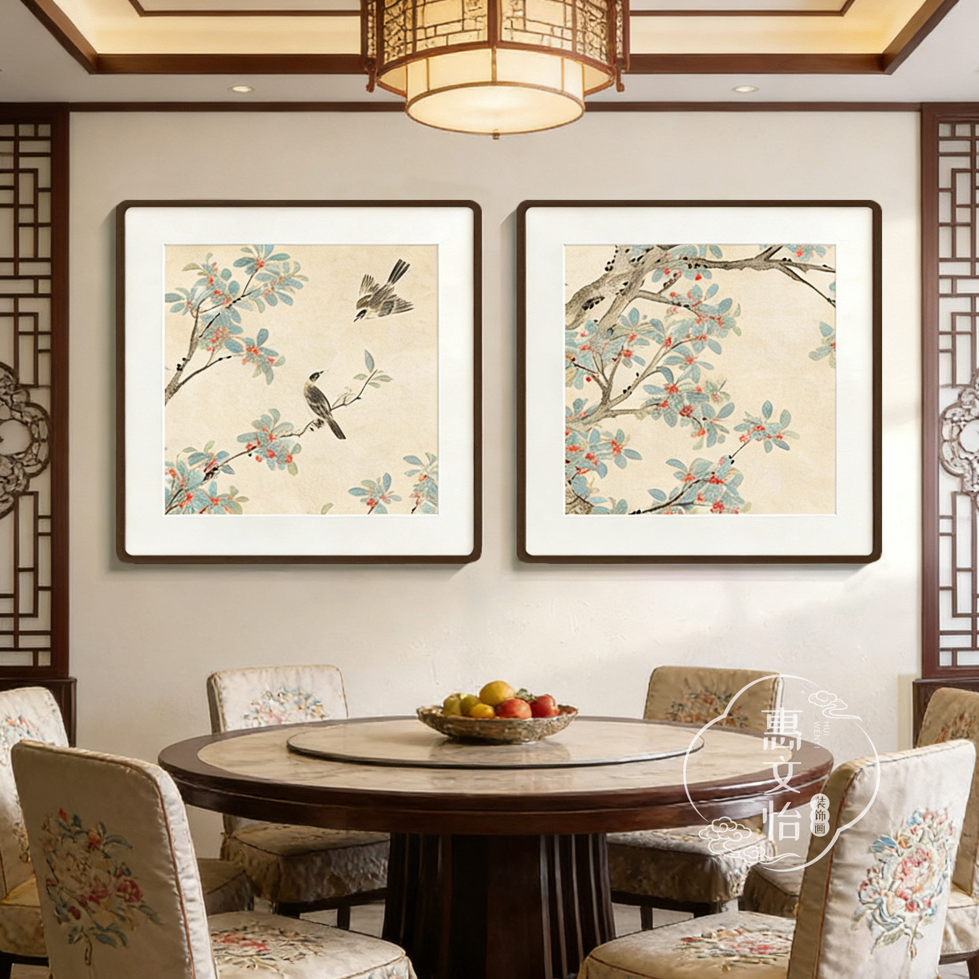 沈周中秋丹桂图新中式花鸟画工笔画茶室饭厅卧室床头榫卯实木挂画