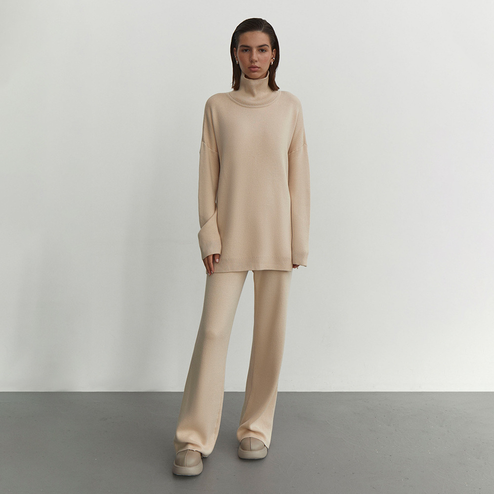 针织阔腿裤高领毛衣套装女