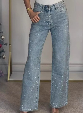 Jeans Women's straight-leg trousers 女装满钻牛仔裤子辣妹长裤