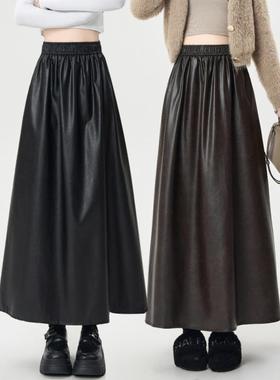 高腰黑色皮裙女装伞裙PU半身长裙Black leather skirt PU Dresses