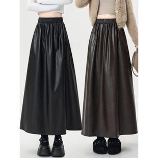 高腰黑色皮裙女装伞裙PU半身长裙Black leather skirt PU Dresses