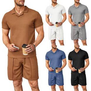Waffle Neck polo shirt shorts suit 华夫格V领polo衫短裤套装男