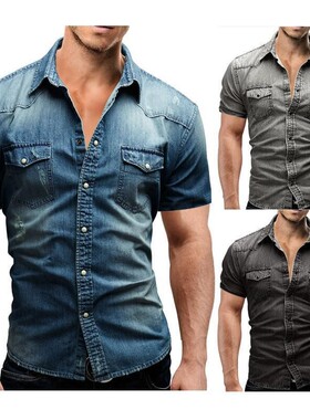 短袖Polo领短袖机车韩版牛仔衬衫