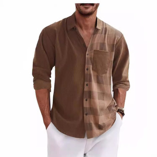 Corduroy longsleeved plaid shirt灯芯绒长袖格子翻领休闲男衬衣