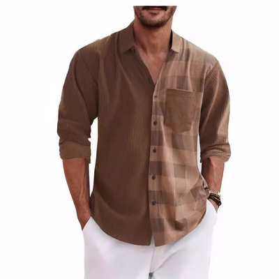 灯芯绒长袖格子翻领休闲男衬衣