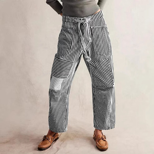 女条纹拼接长裤 striped Baggy legged pants wide 休闲宽松阔腿裤