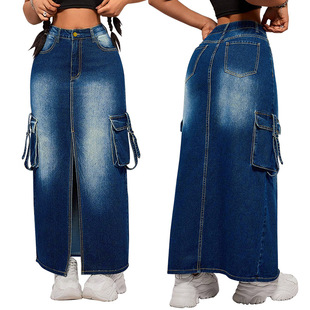 Long denim skirt for plus-size women大码女装牛仔裙长款半身裙