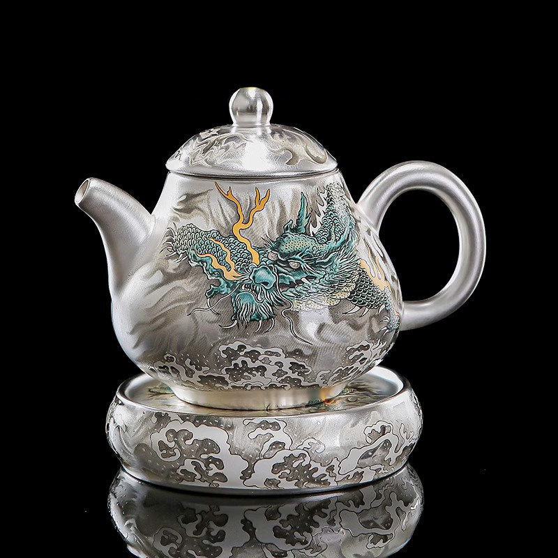 纯手工鎏银茶壶茶具青龙梨形功夫鎏银上作画茶壶承送长辈领导礼品