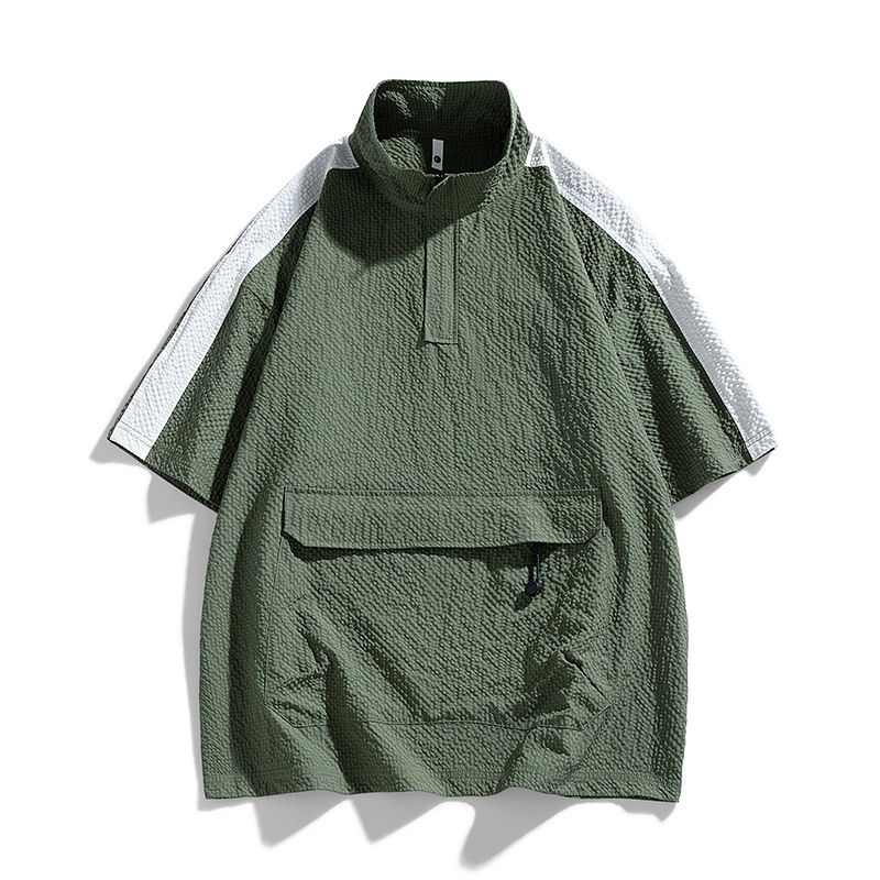 男士日系短袖胖子男装夏季潮牌立领T恤加肥加大休闲拼色半袖t恤男