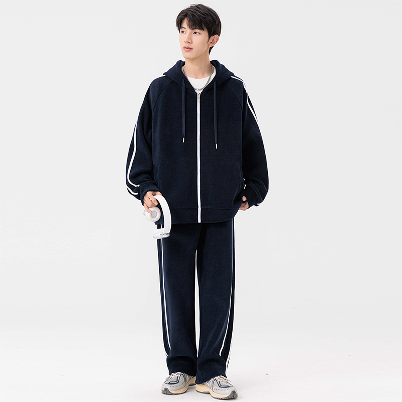 男士春秋大码连帽开衫休闲运动套装加肥加大长袖外套裤子两件套男