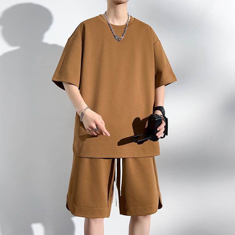 大码男士夏季休闲套装胖子纯色两件套宽松加肥加大短袖短裤套装男