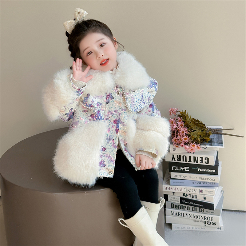 冬装女童加厚皮草毛毛衣外套2025新款儿童宝宝冬季卡通加绒小童装