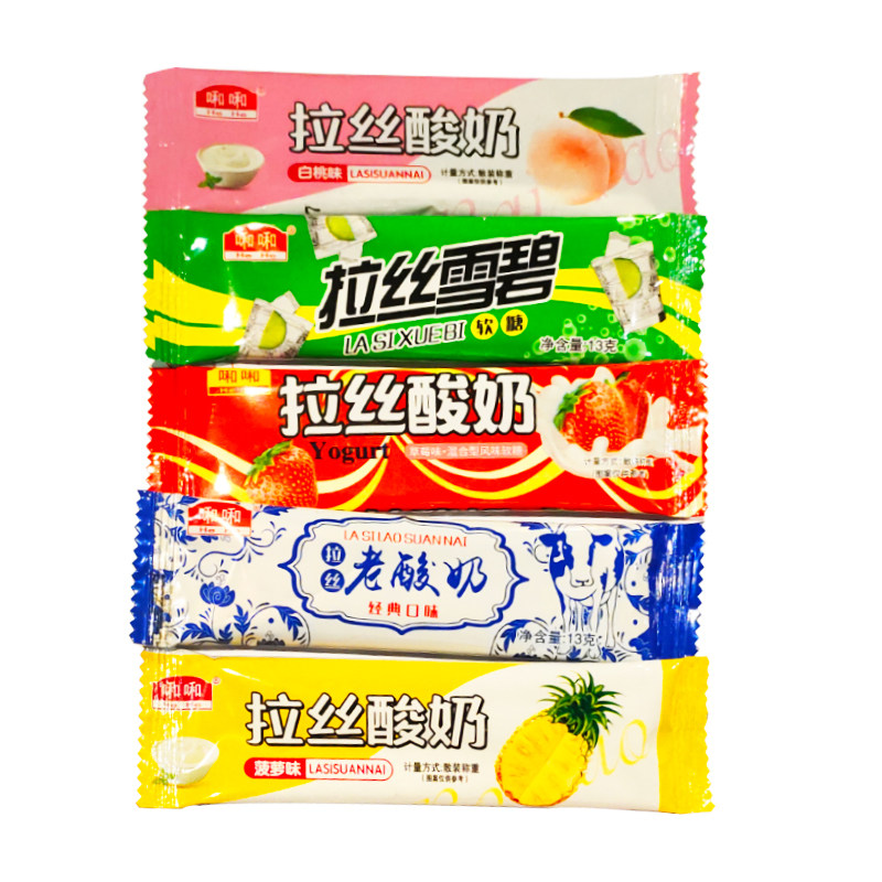 网红拉丝老酸奶软糖果味390g盒装菠萝雪碧白桃味牛奶风味休闲零食