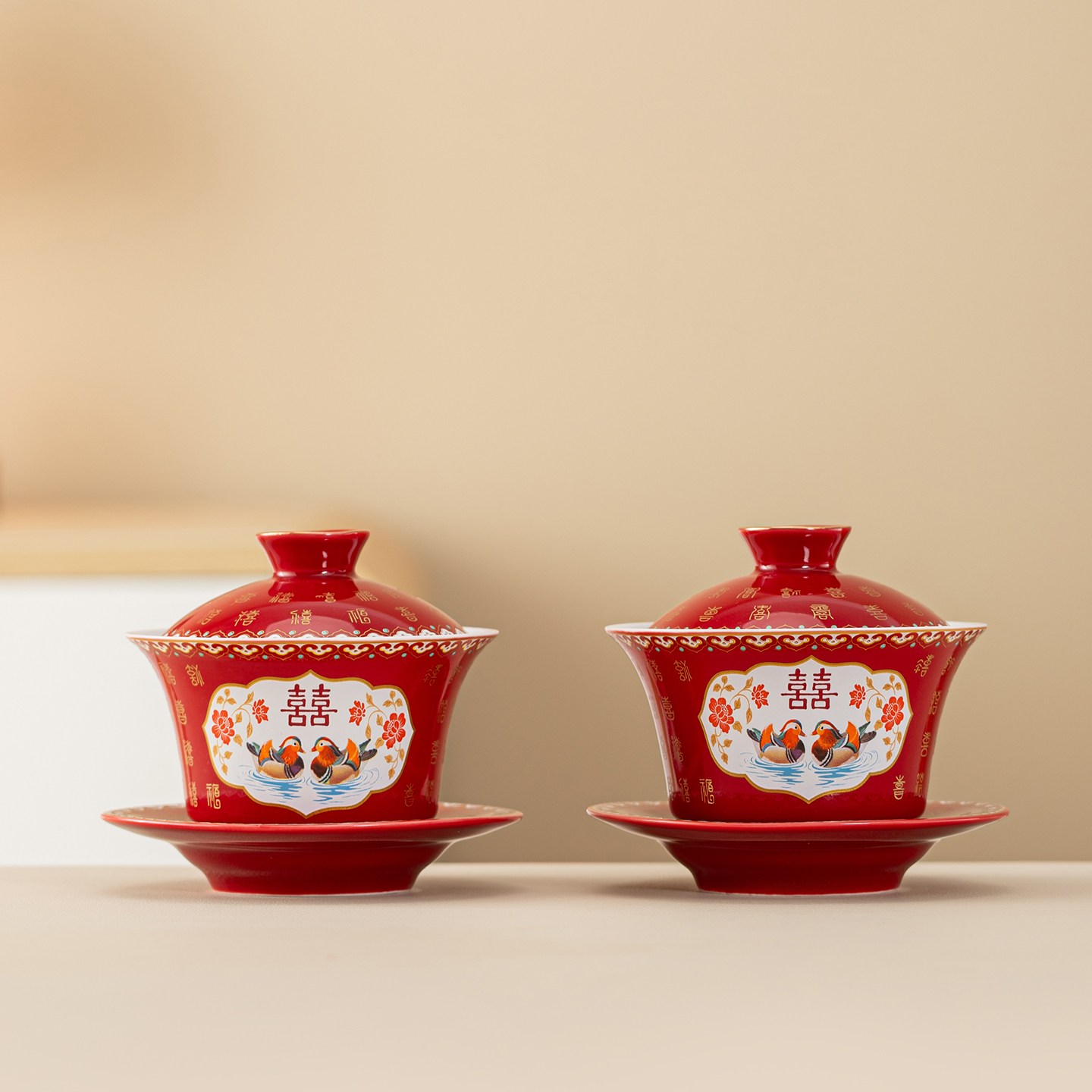 唐呈鸳鸯敬茶杯中式陪嫁茶具