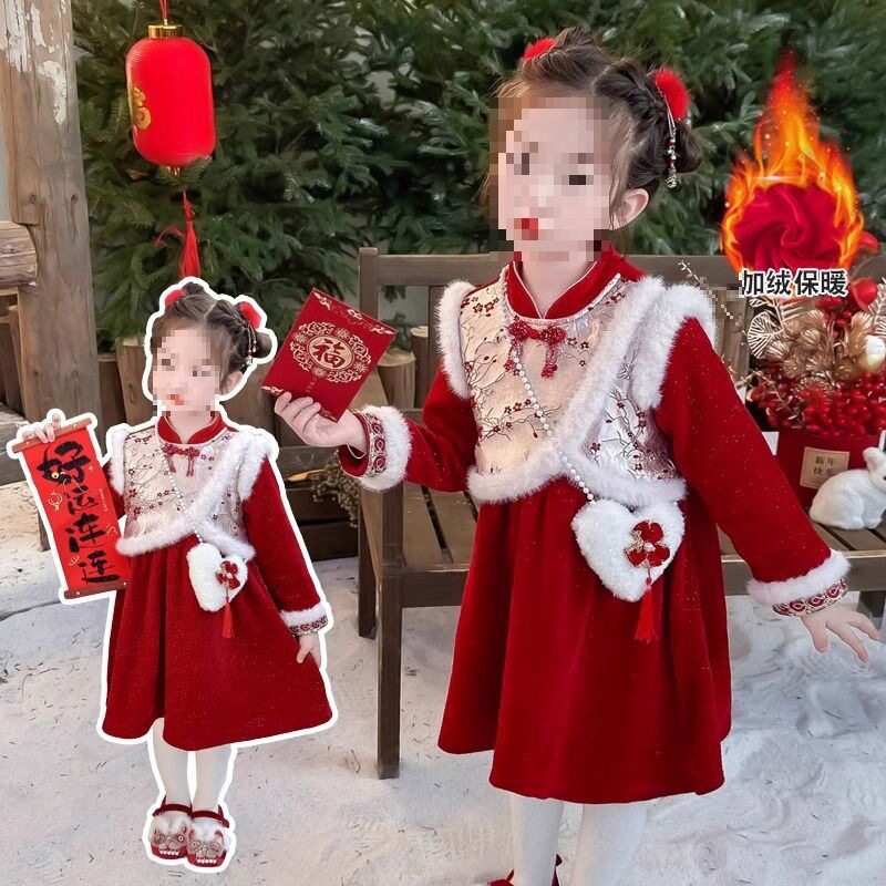 拜年服女童冬季加绒连衣裙儿童秋冬加厚红色过年礼服裙女宝宝