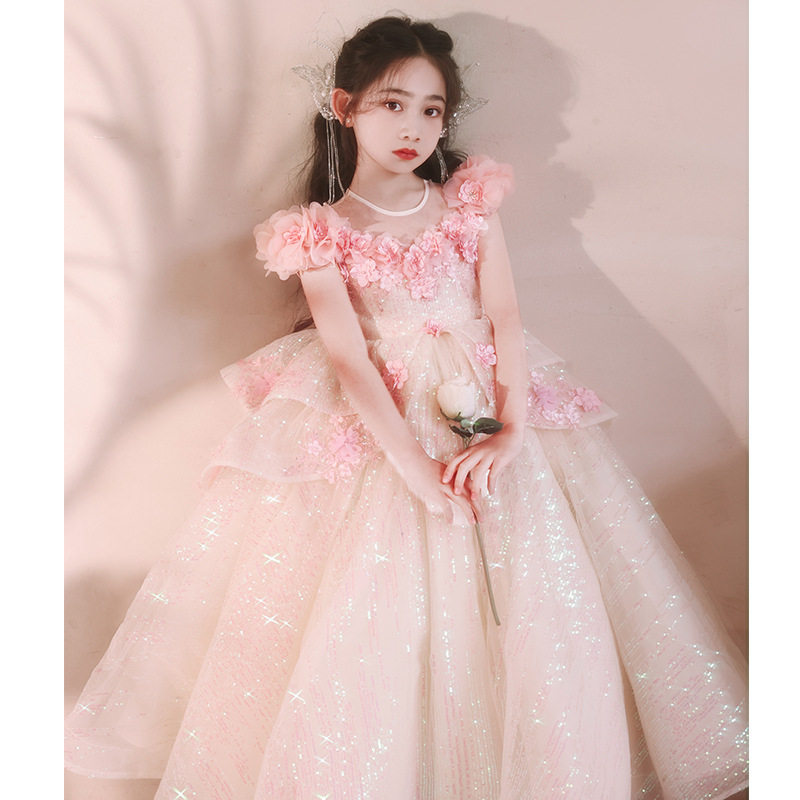 粉色女童主持人礼服春季新款儿童仙女花朵花童钢琴演奏演出服